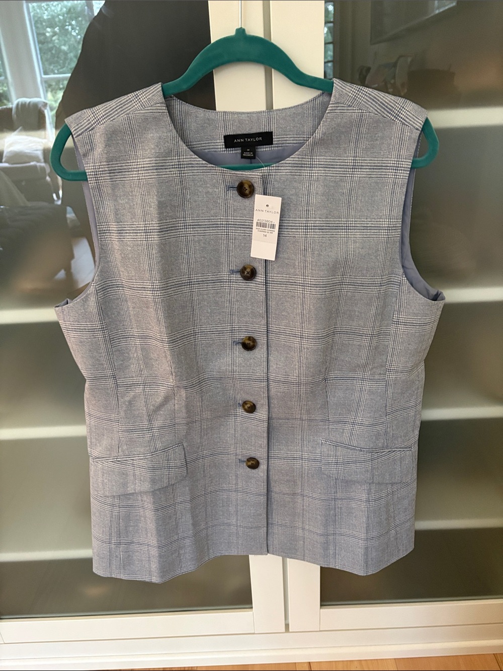 Ann Taylor Blue Plaid Sleeveless Button Vest